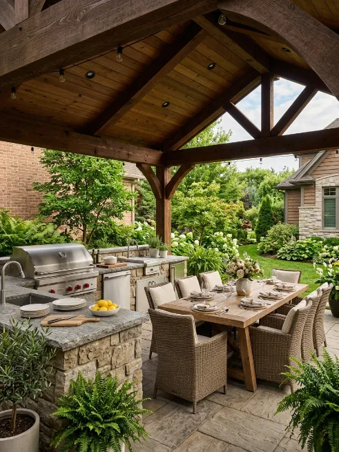 Covered patio kitchen and dining zone