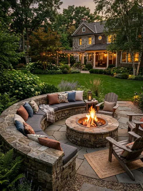 Cushioned stone seating wall