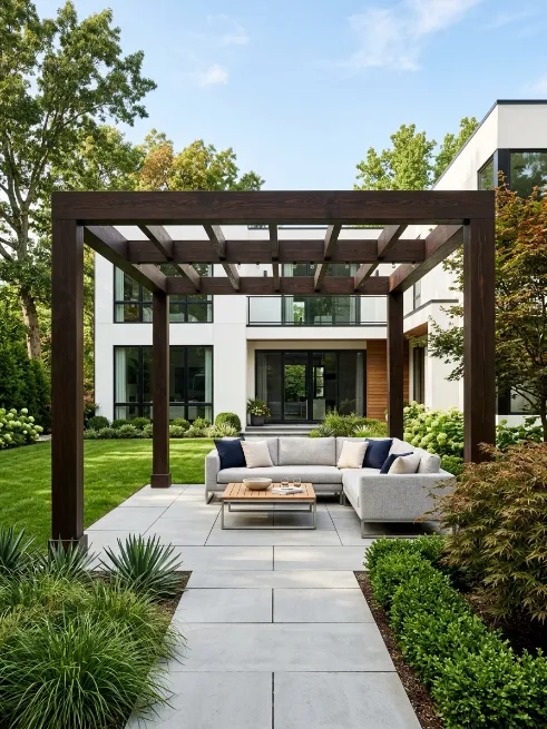 Dark stained modern wood pergola
