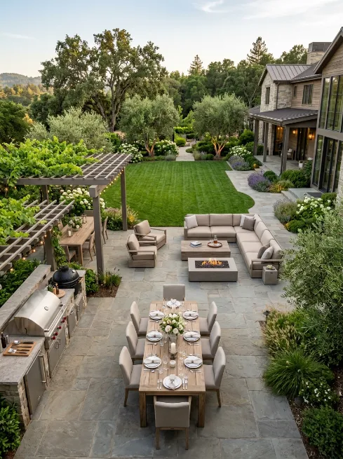 Design a multi zone backyard with separate lounge and grill areas