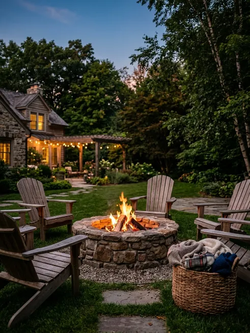 Fire pit surrounded by adirondack chairs
