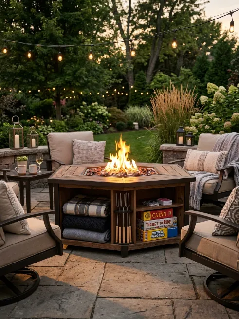Fire pit table with built in storage