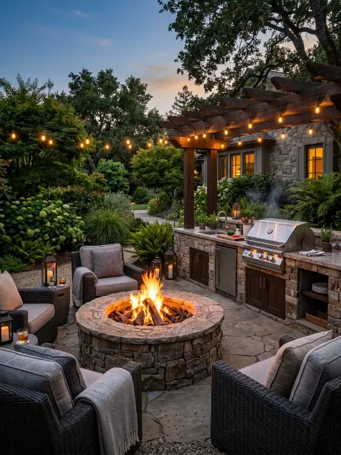 Fire pit with outdoor kitchen nearby