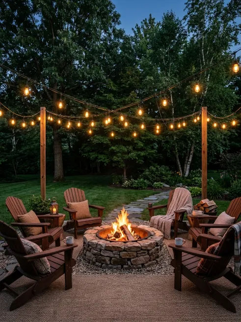 Fire pit with string lights overhead