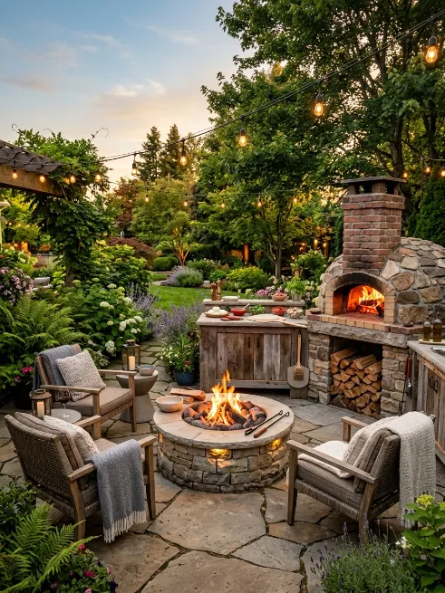Fire pit with a built in pizza oven