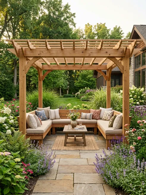 Freestanding pergola with built in bench seating