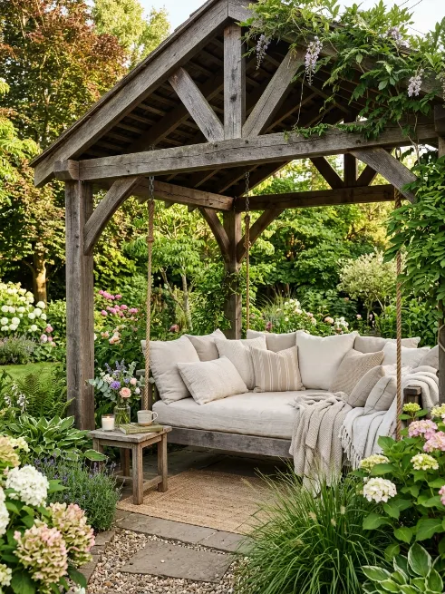 Gazebo with hanging swing bed