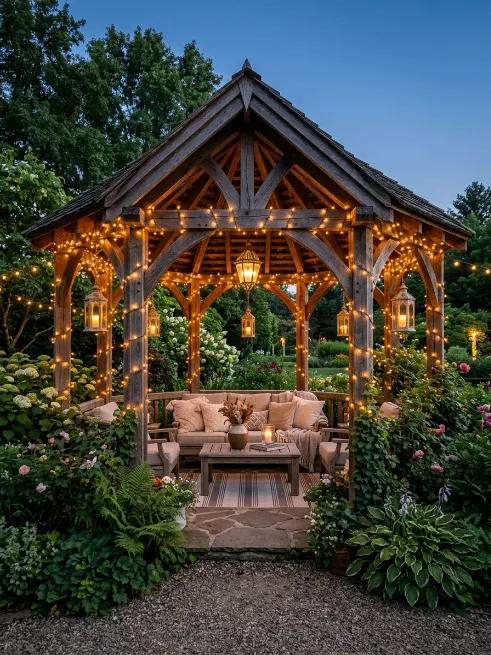 Gazebo with string lights and lanterns