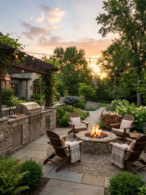 Go with a stone or brick fire pit combo