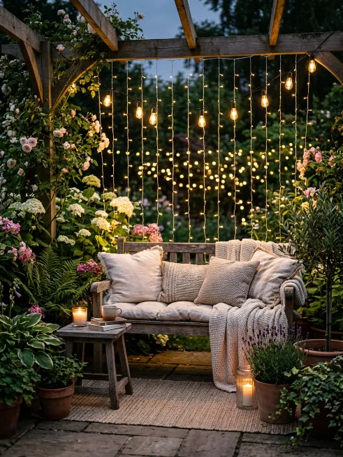 Hang a light curtain behind a bench or seating nook