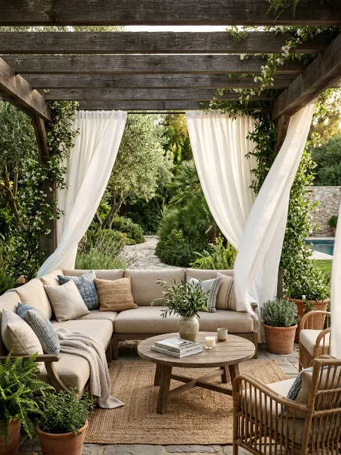 Hanging curtains around a seating nook