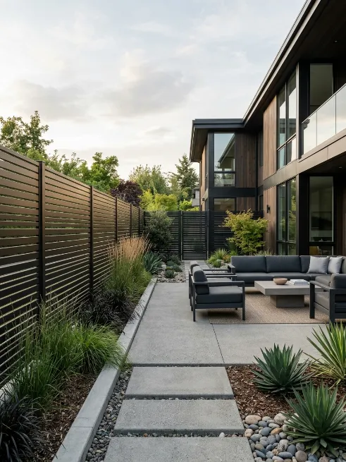 Horizontal metal slat fence