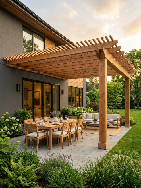House attached pergola over a patio