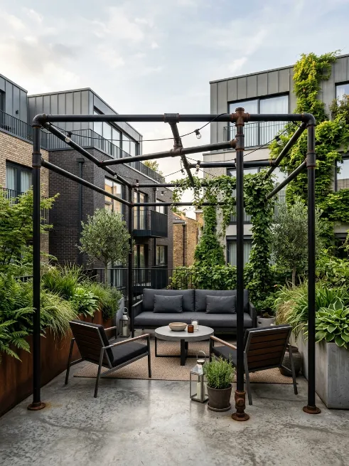 Industrial black pipe pergola