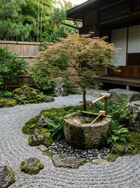 Japanese rock garden with water basin