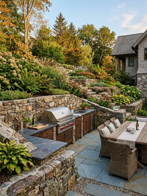 Kitchen built into a retaining wall