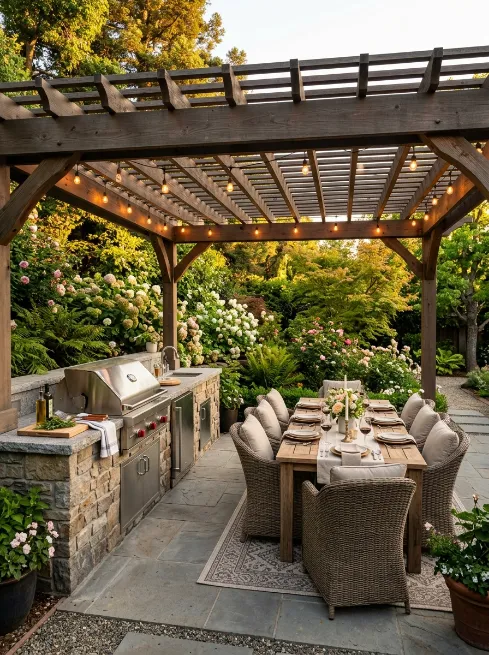 Kitchen paired with a covered dining table