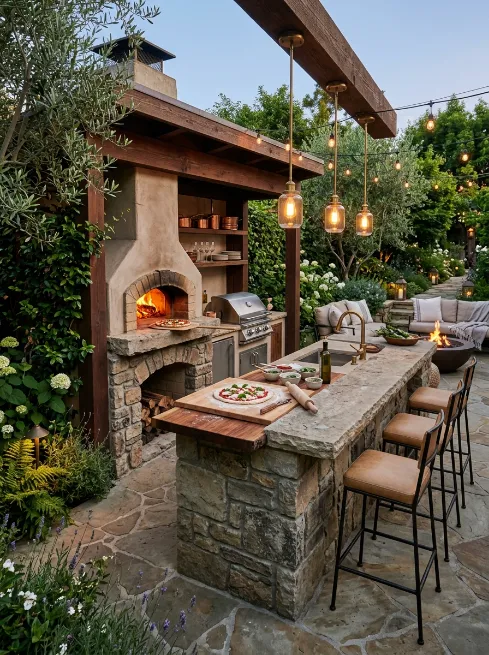 Kitchen with a built in pizza bar and seating
