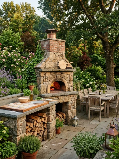 Kitchen with an outdoor pizza and bread oven combo