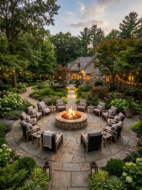 Large circular patio with center fire pit