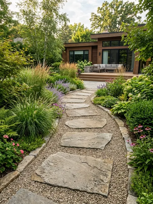 Large slab stepping stones across gravel