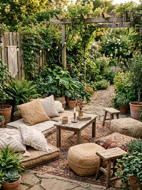 Layered floor cushions and poufs