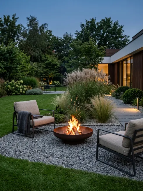 Metal fire bowl on a gravel base