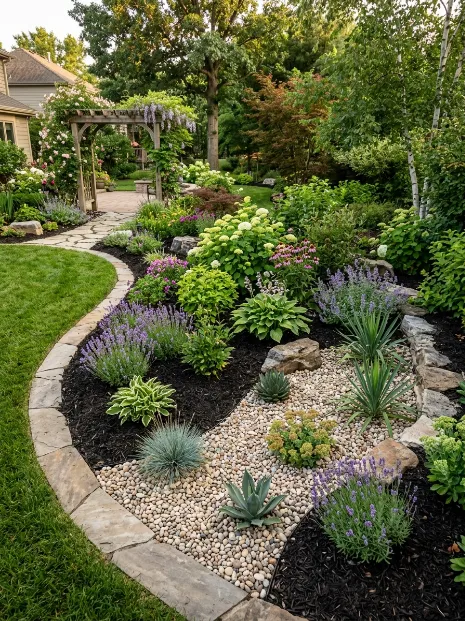 Mixed gravel and mulch beds