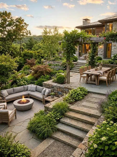 Multi level dining and lounge area