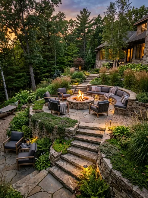Multi level fire pit patio