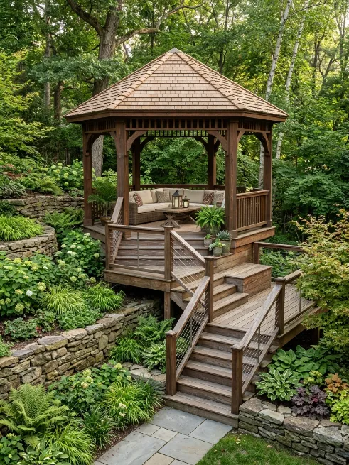 Multi level gazebo on a sloped yard