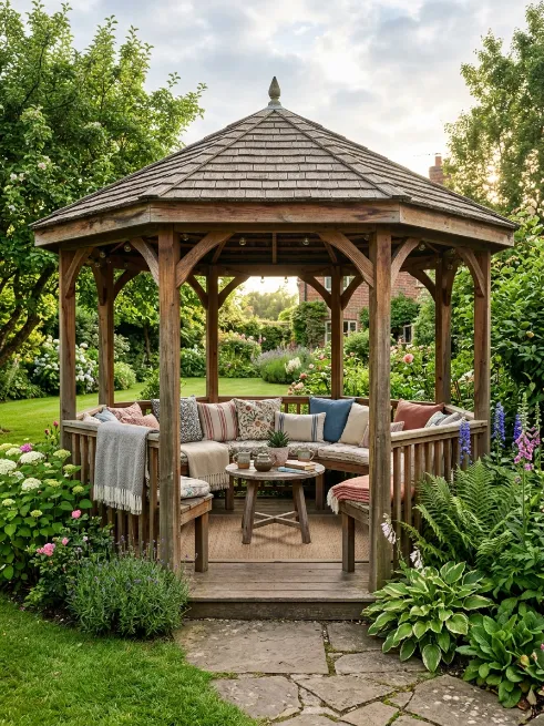 Octagonal gazebo with built in seating