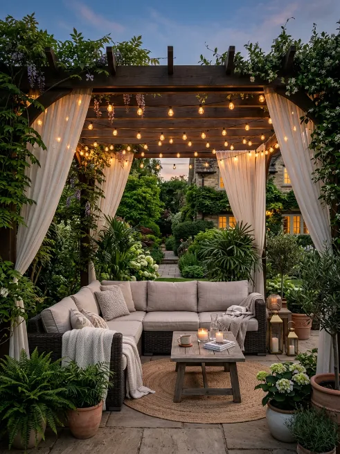 Outdoor curtains combined with string lights