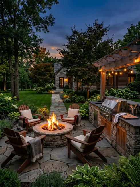 Outdoor kitchen with a fire pit nearby