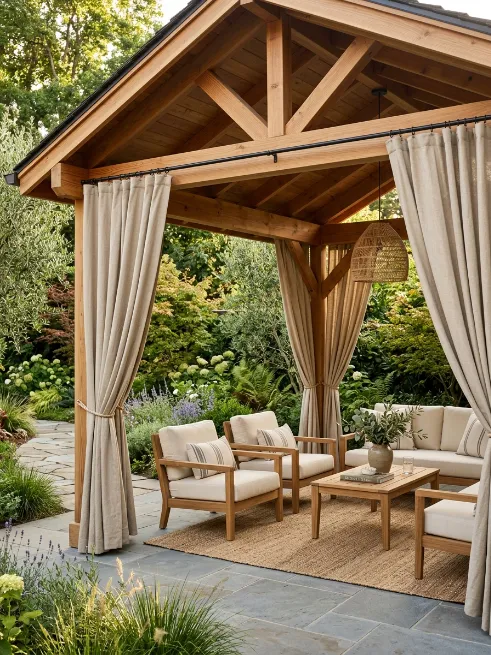 Pavilion with retractable curtains