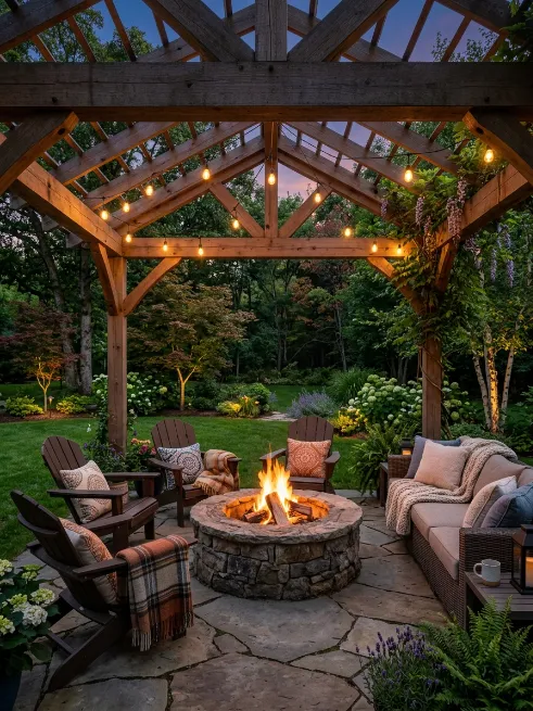 Pergola over a fire pit seating area