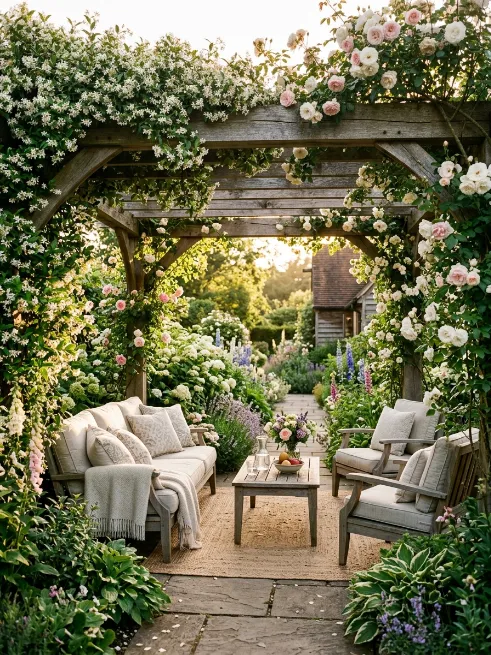 Pergola with climbing vines