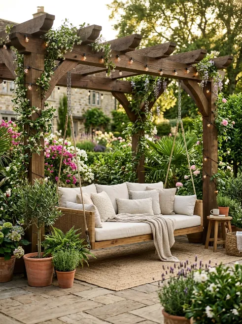 Pergola with hanging daybed or swing