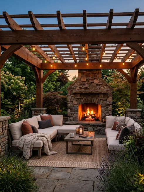 Pergola with outdoor fireplace