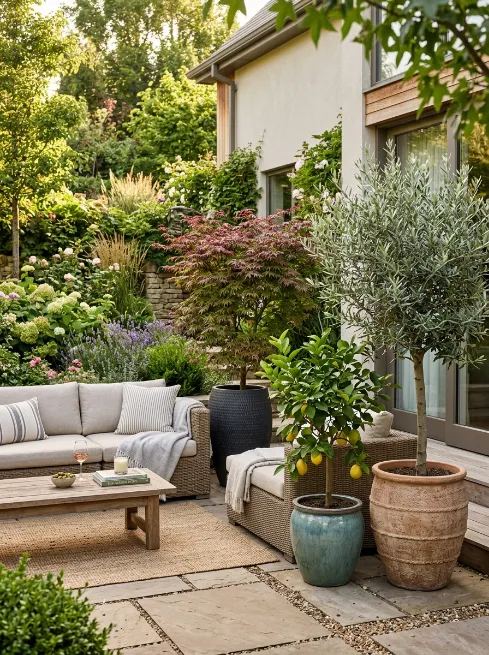 Potted trees on the patio
