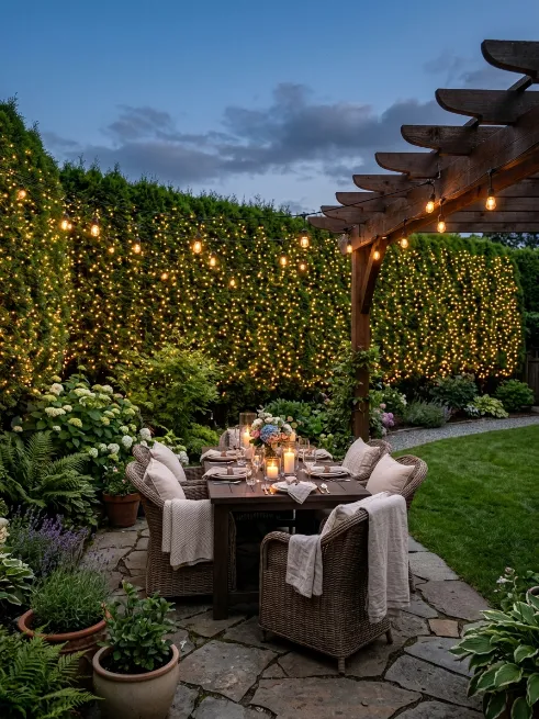 Privacy hedge combined with string lights