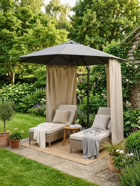 Privacy umbrellas with attached side panels