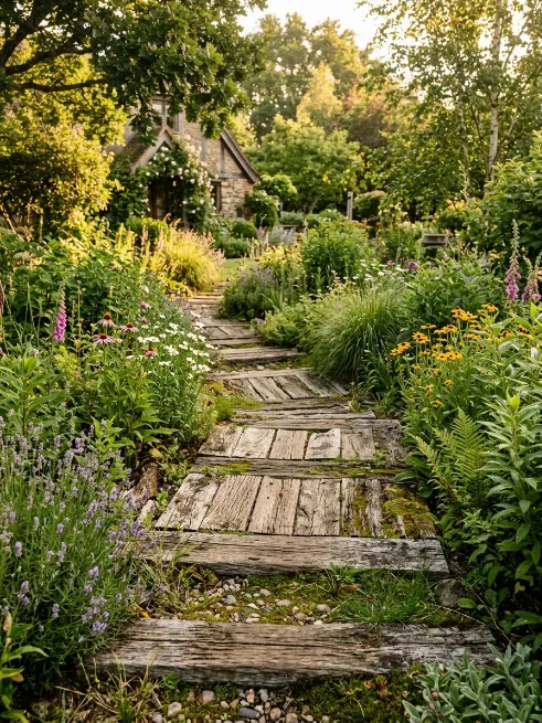 Reclaimed wood stepping path