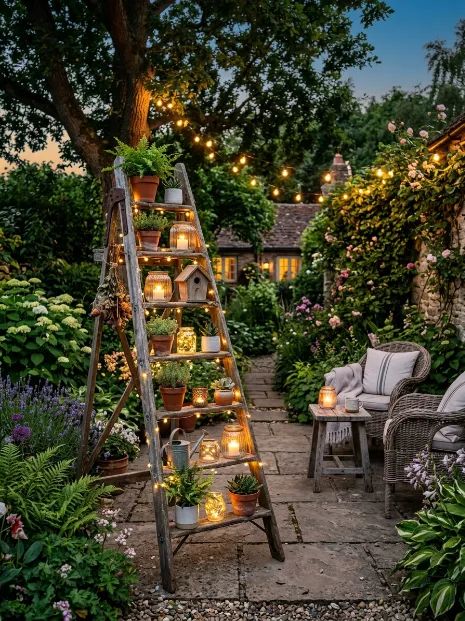 Repurposed ladder plant light stand