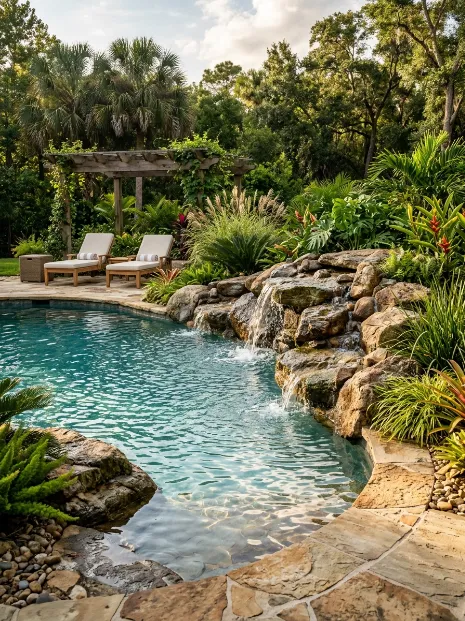 Rock waterfall pool feature