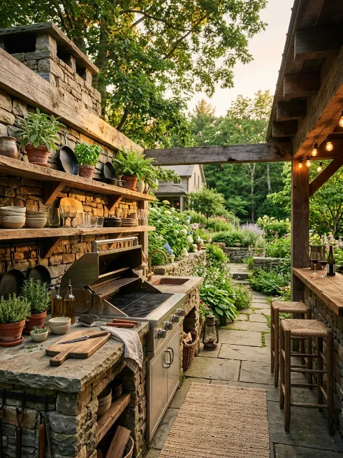 Rustic stone and wood kitchen