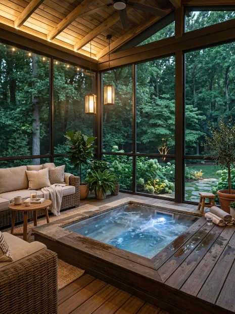 Screened porch hot tub