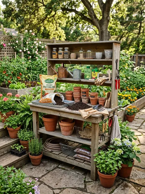 Set up a potting bench with shelves