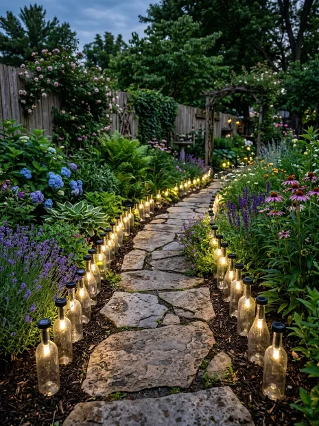 Solar path lights from recycled bottles