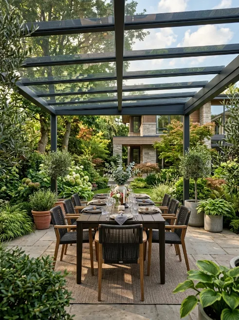 Steel frame pergola with glass panels